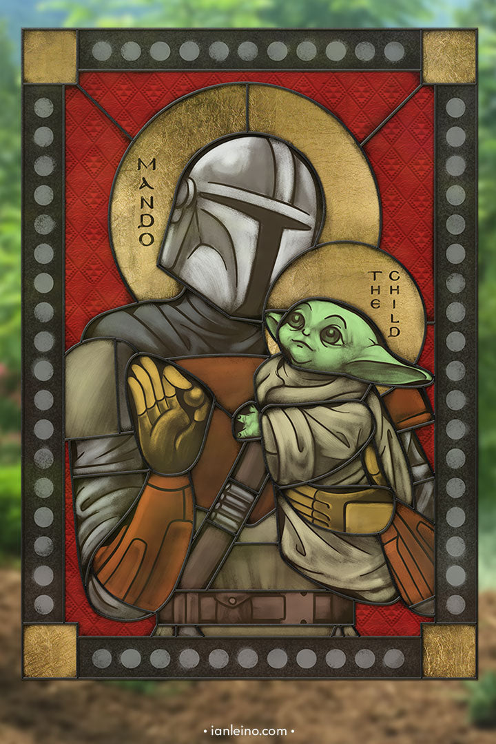 Mando & Child - icon style Stained Glass window cling